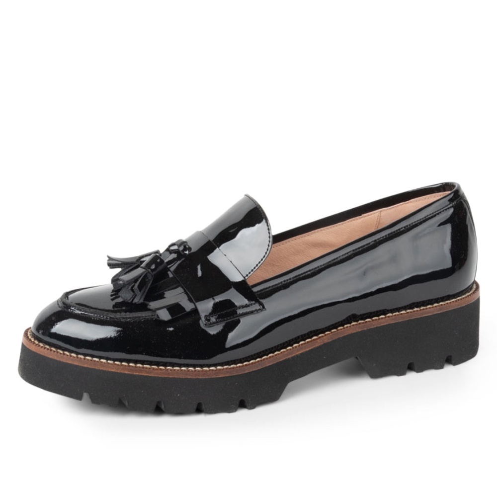 Patricia Green Beckham Tassel Lug Loafer in Black Patent
